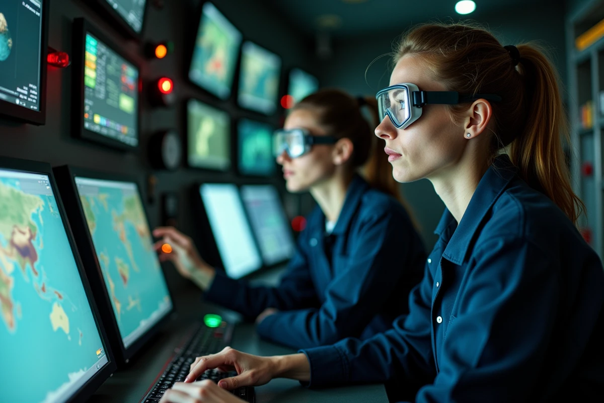 Spécialistes féminines surveillant les systèmes de contrôle sous-marin dans une salle de commande offshore