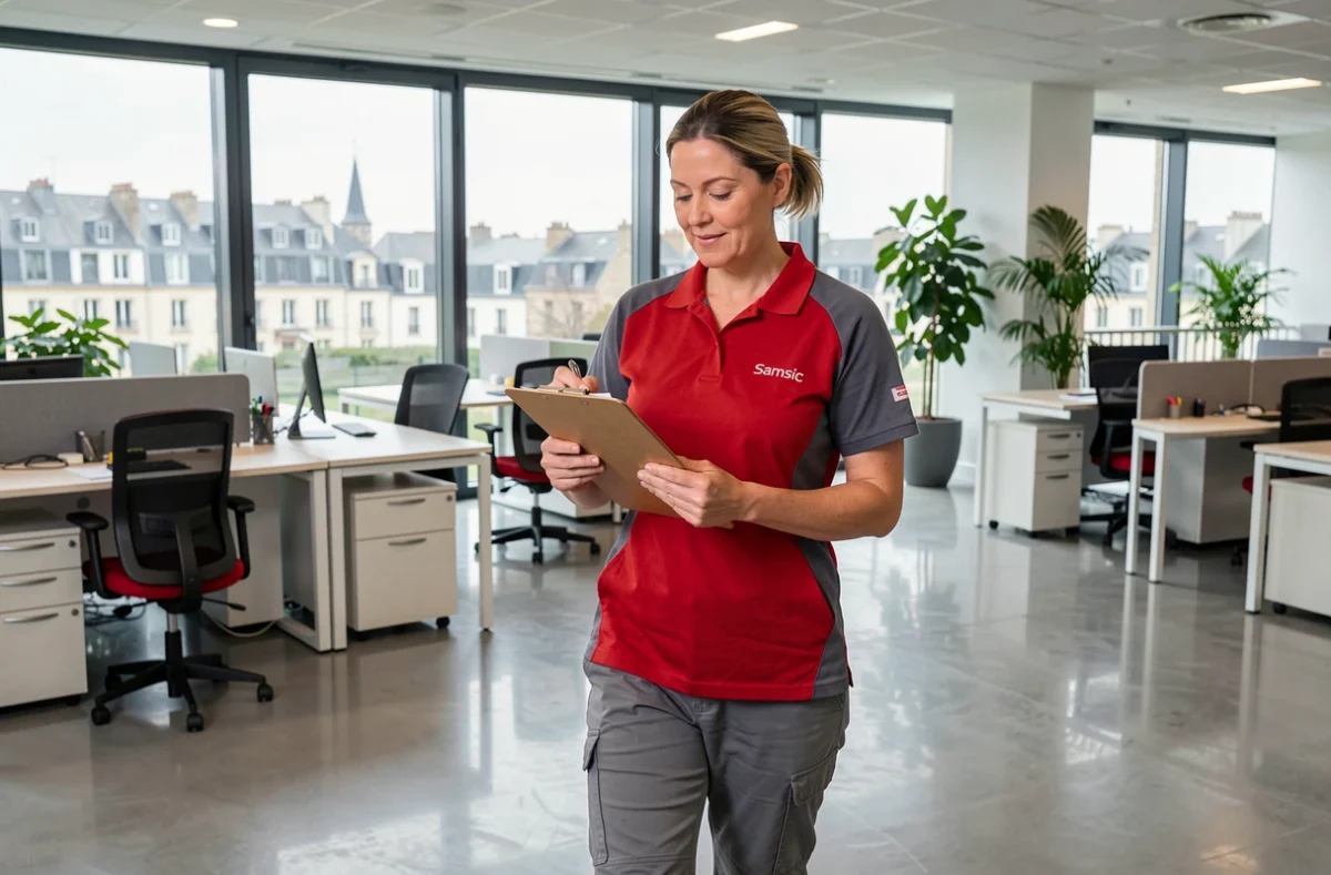 Superviseure de Samsic Propreté vérifiant la qualité du nettoyage dans un bureau moderne breton