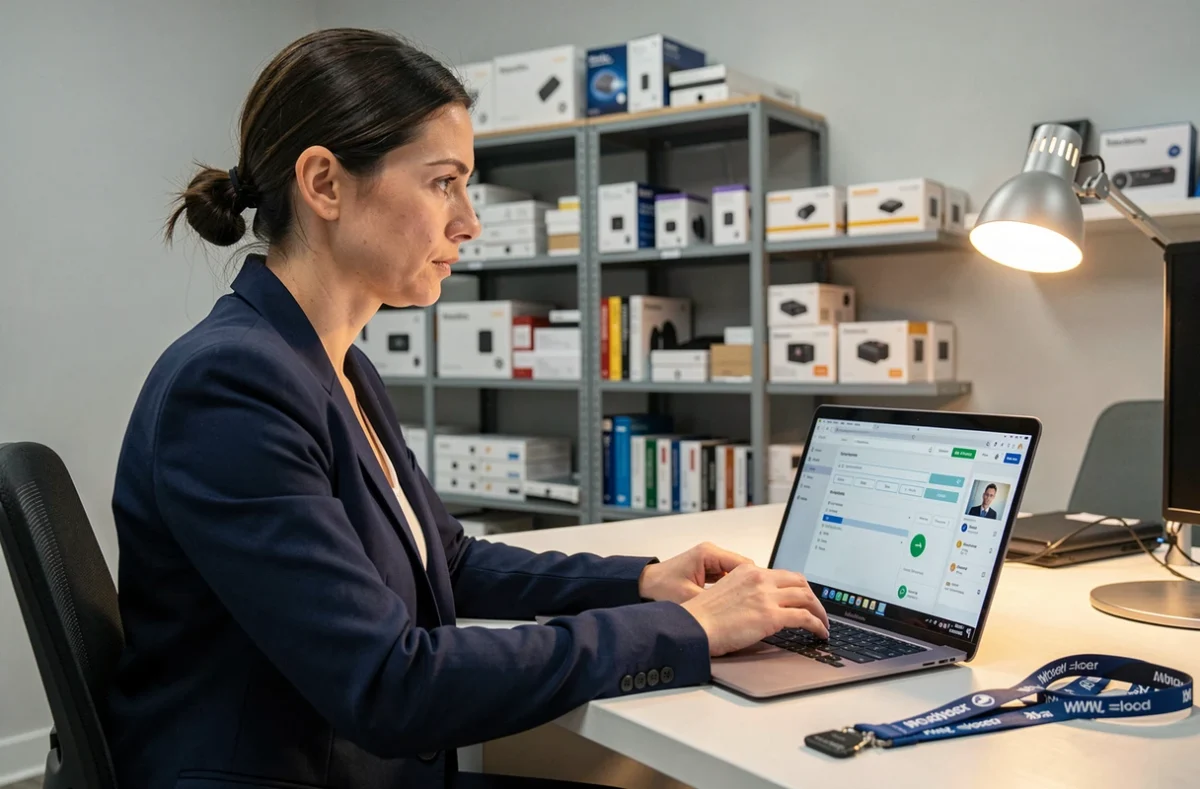 Détaillante sécurisant son compte professionnel sur un ordinateur portable dans un bureau de commerce