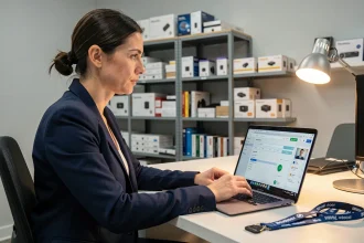 Détaillante sécurisant son compte professionnel sur un ordinateur portable dans un bureau de commerce