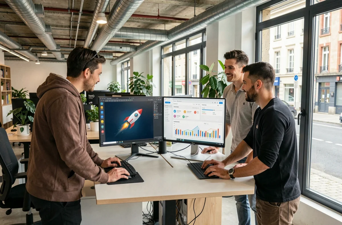 Équipe SEO Supernova à Moulins analysant des données de référencement sur des écrans dans un espace de coworking moderne