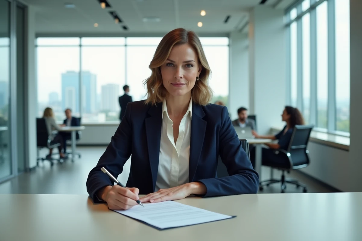 Femme professionnelle signant un contrat d'égérie dans un bureau moderne, illustrant la sécurisation d'une image de marque pour PME