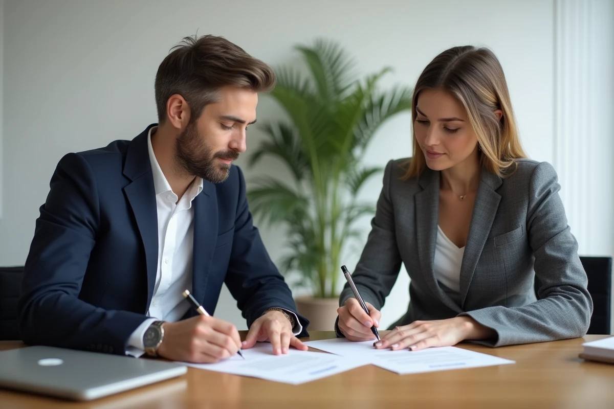Employeur et apprentie signant ensemble un formulaire de rupture de contrat d'apprentissage à l'amiable dans un bureau professionnel