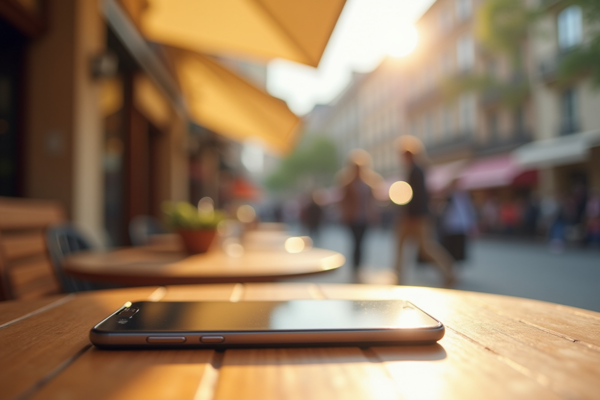 Smartphone affichant un site d annonces dans un café en plein air