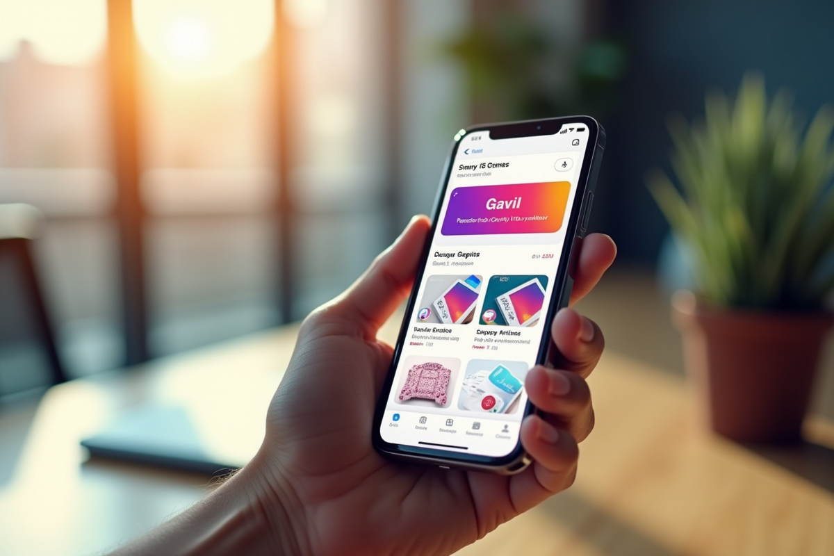 Main tenant un smartphone affichant une newsletter colorée en lumière naturelle