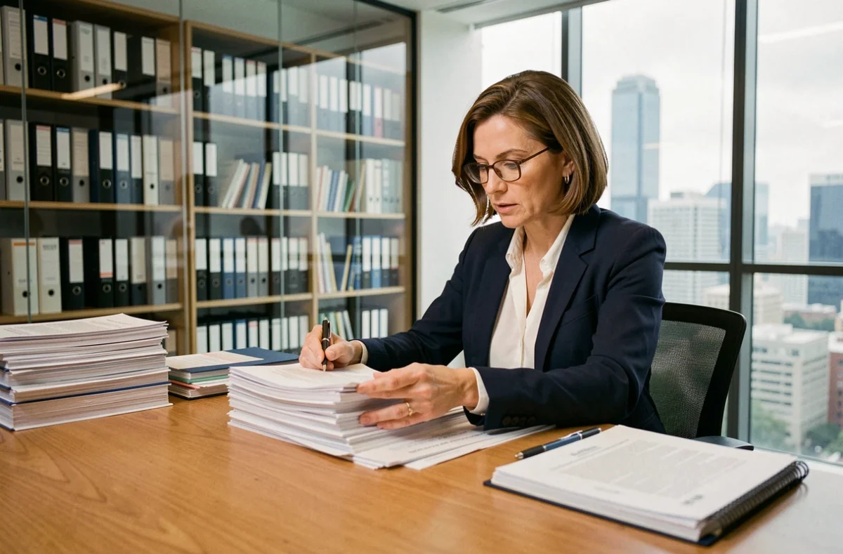 Femme professionnelle examinant des documents administratifs pour obtenir le statut d'organisation d'utilité publique