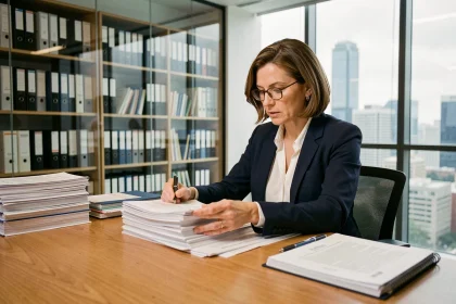 Femme professionnelle examinant des documents administratifs pour obtenir le statut d'organisation d'utilité publique