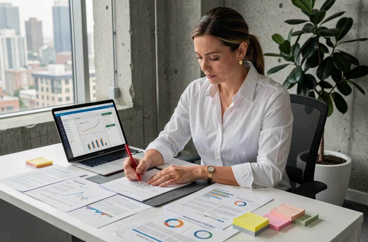 Femme stratège analysant un positionnement ultra-niche sur son bureau avec documents et tableau de bord numérique