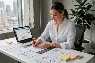 Femme stratège analysant un positionnement ultra-niche sur son bureau avec documents et tableau de bord numérique