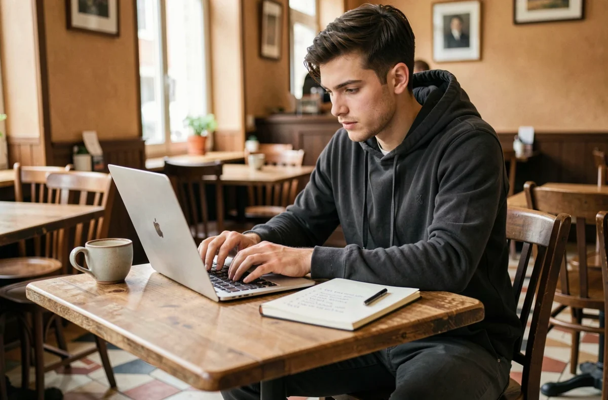 Sylvain Gengo, consultant SEO freelance, travaillant sur une stratégie de référencement dans un café français