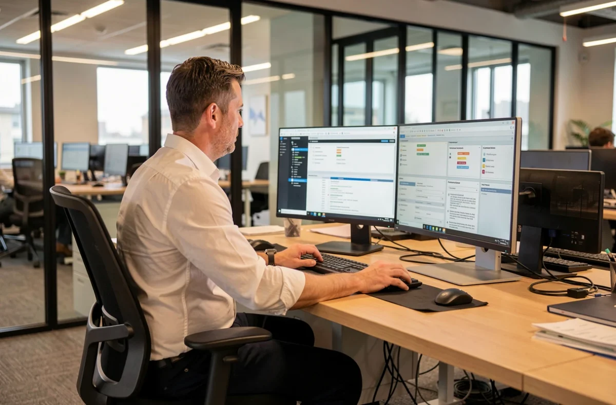 Technicien configurant une connexion réseau nomade Intraparis sur un poste de travail professionnel