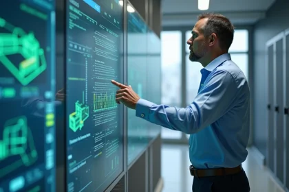 Technicien GTB analysant les données de gestion technique du bâtiment sur un tableau de bord numérique dans un centre de supervision