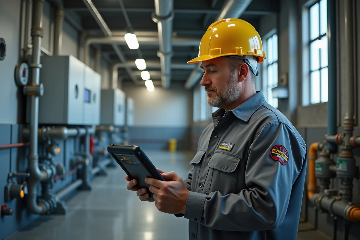 Technicien de maintenance inspectant une salle des machines avec une tablette de supervision GTB pour optimiser le confort et la maintenance du b&acirc;timent