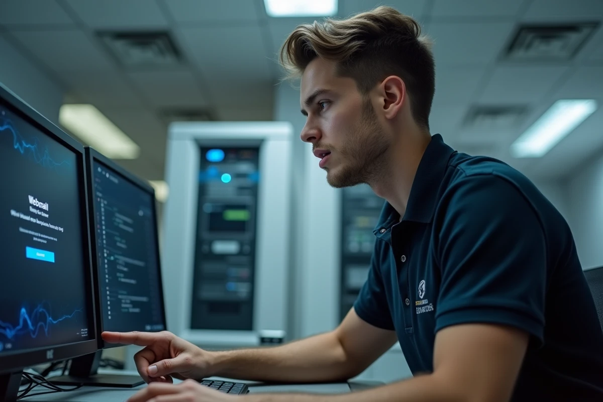Technicien informatique réinitialisant un mot de passe utilisateur sur l'interface administrateur Zimbra