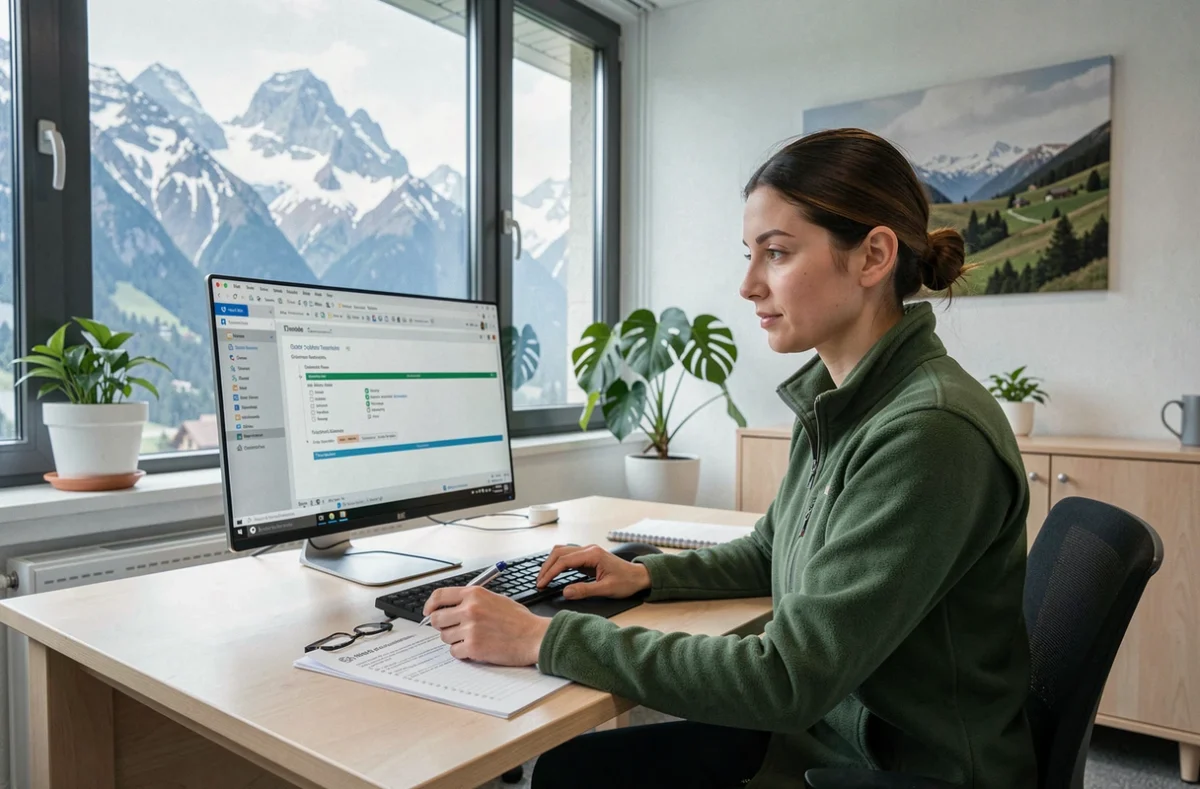 Consultante SEO de l'agence Triaina à Grenoble travaillant sur un audit technique avec les Alpes françaises visibles en arrière-plan à travers une fenêtre panoramique