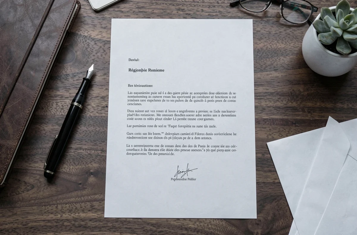Vue en plongée d'une lettre de démission formelle rédigée sur papier posée sur un bureau en bois