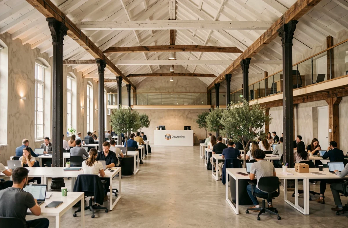 Vue d'ensemble d'un grand espace de coworking aménagé dans un entrepôt historique du XIXe siècle à Bruxelles