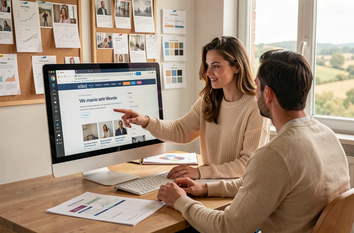 Designer web et collègue de l'agence Web Factory en Pays de la Loire présentant un site web avec audit SEO et maquettes responsives