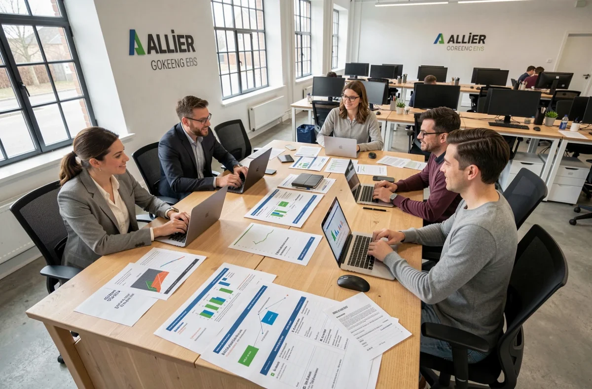Équipe Webalia, agence digitale de l'Allier, collaborant autour d'une table sur des stratégies web et SEO