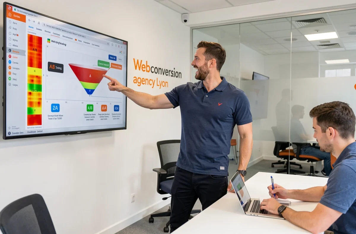 Spécialiste en optimisation de conversion de l'agence Webconversion à Lyon présentant un heatmap A/B testing sur un grand écran mural à un collègue